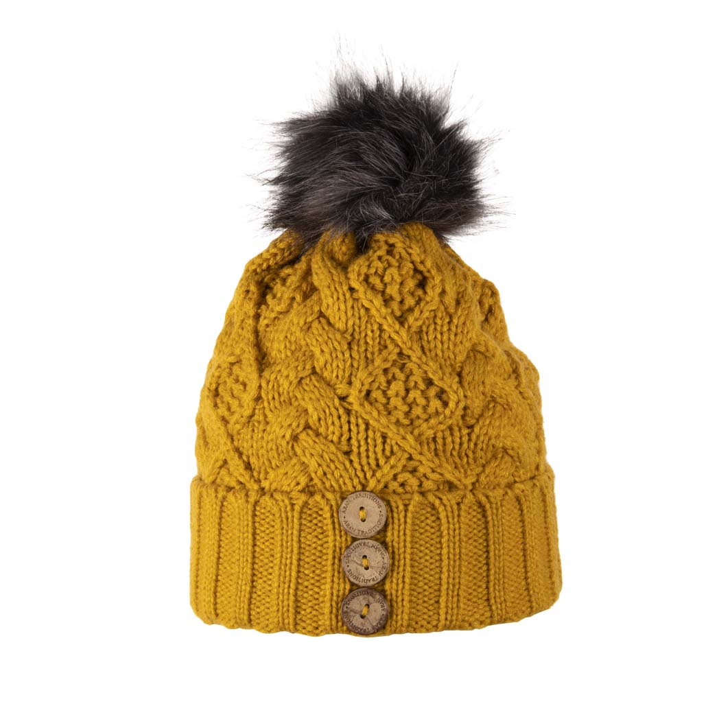 Fisherman Stitch Pom Pom Hat | Chunky Rib Knit with Faux Fur Pom Pom