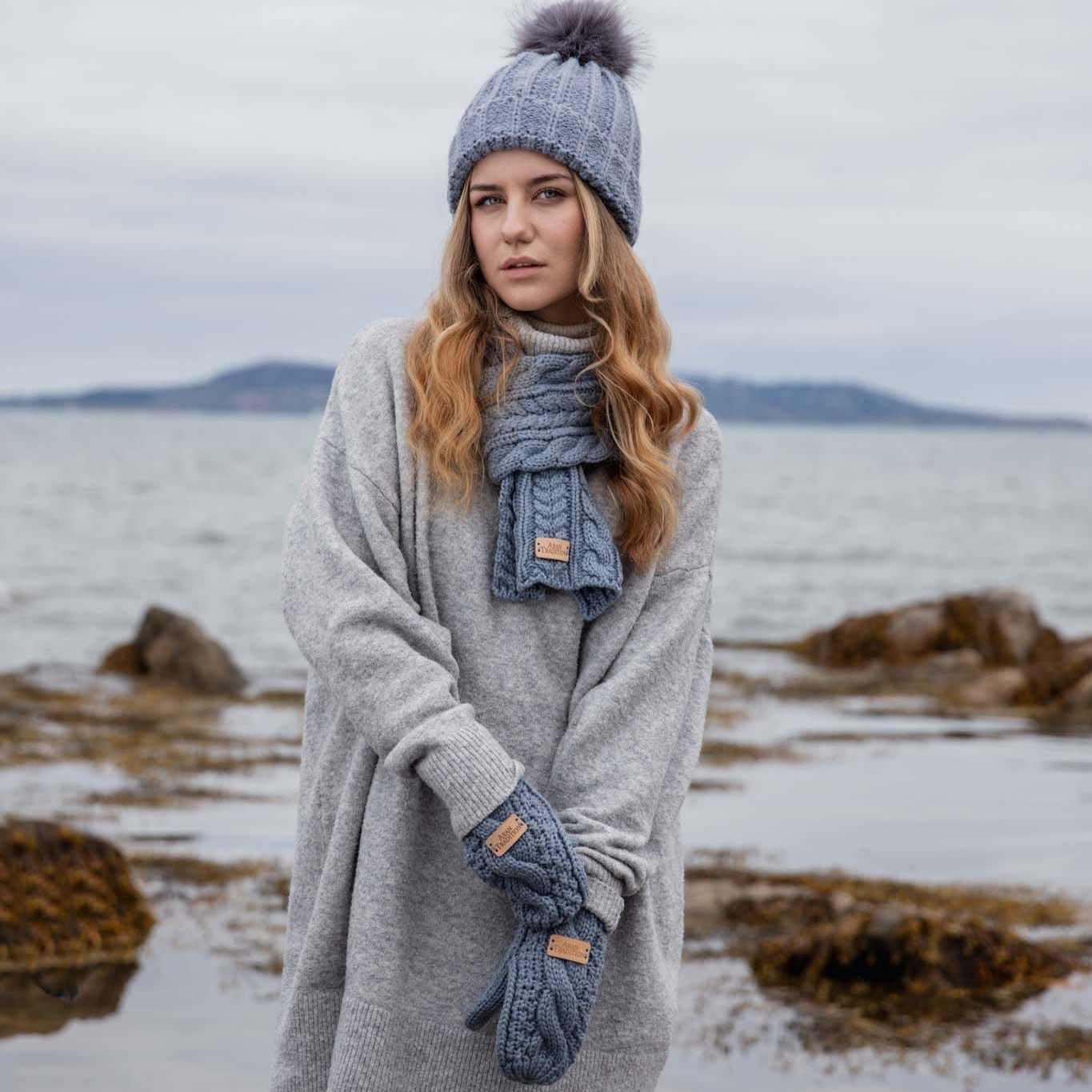 Woman wearing Slate Button Wrap Scarf