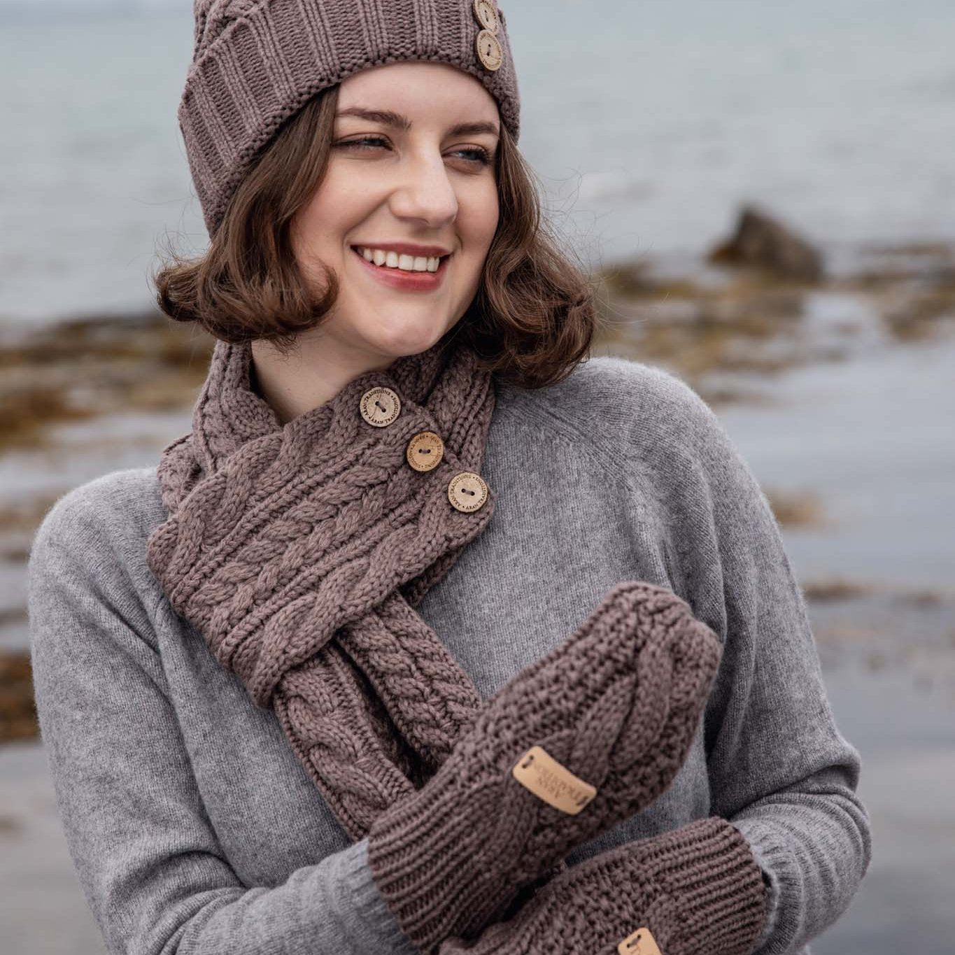 Woman wearing mushroom Button Wrap Scarf