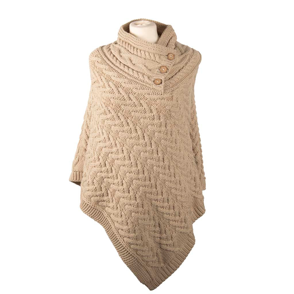 Aran Cable Knit Button Poncho | Chunky Aran Cable Design
