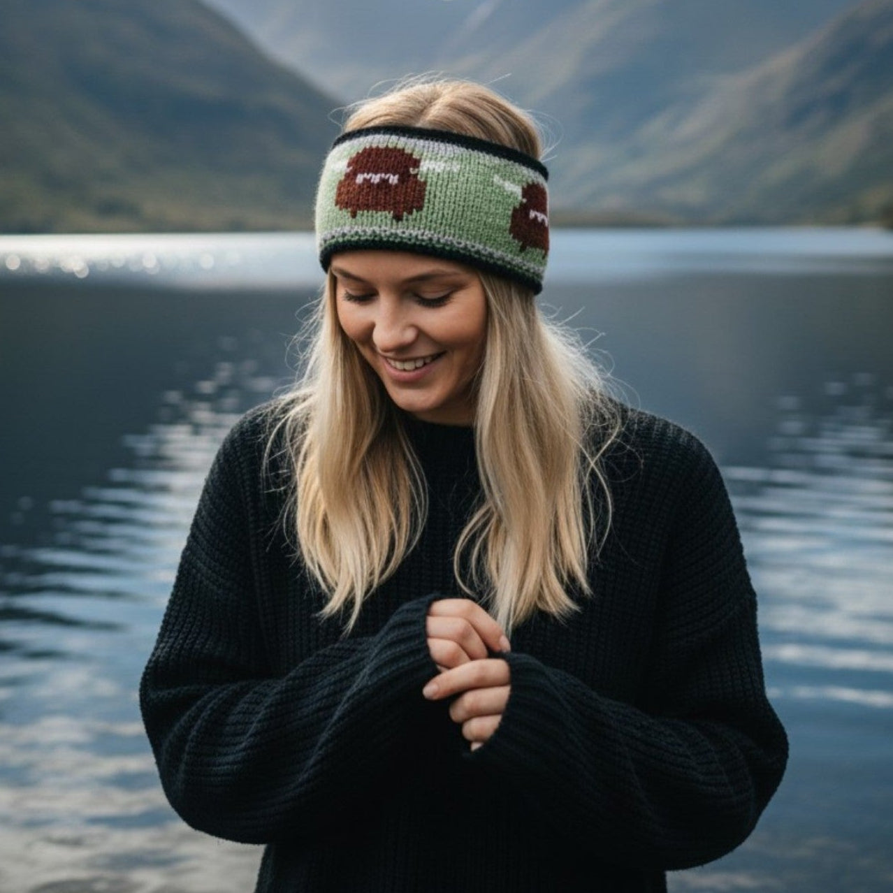 A woman standing by a lake with mountains in the background, wearing a black ribbed knit sweater and a green knit headband with brown moose designs.