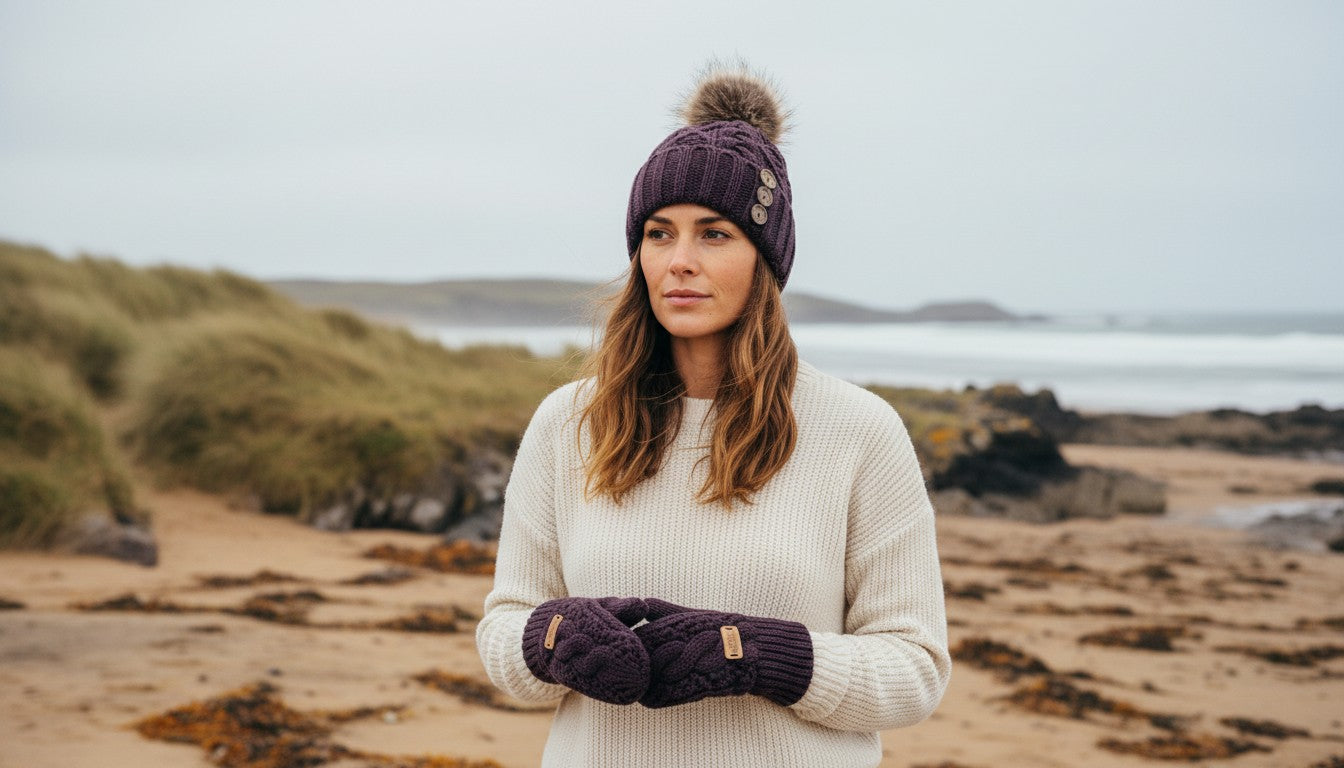 A woman standing on a sandy beach wearing a dark plum purple knit beanie with a pom-pom, a cream ribbed sweater, and matching purple knit mittens, with dunes and the sea in the background.