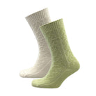 Two pairs of socks, one grey and one green, on a white background