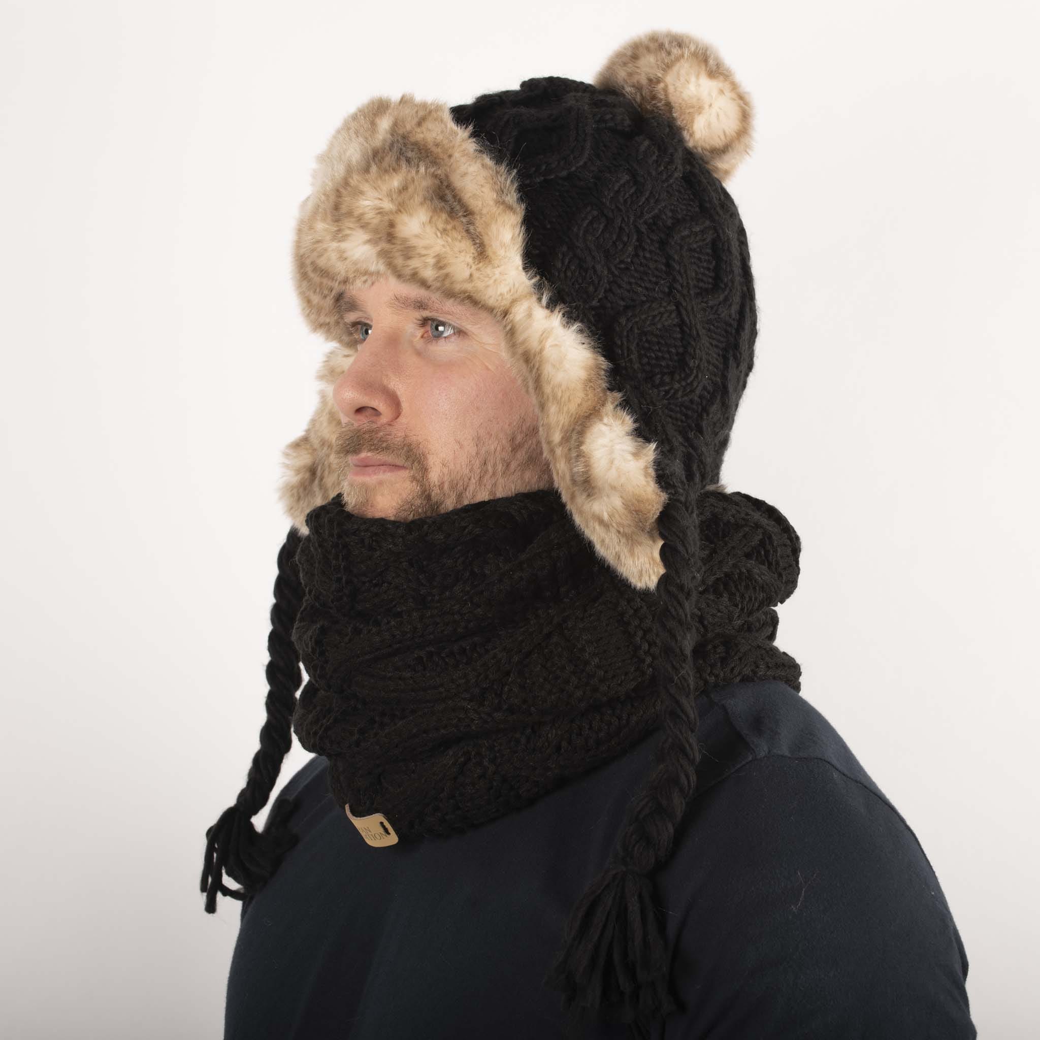 Aran Cable Trapper Hat, Chunky Knit Design