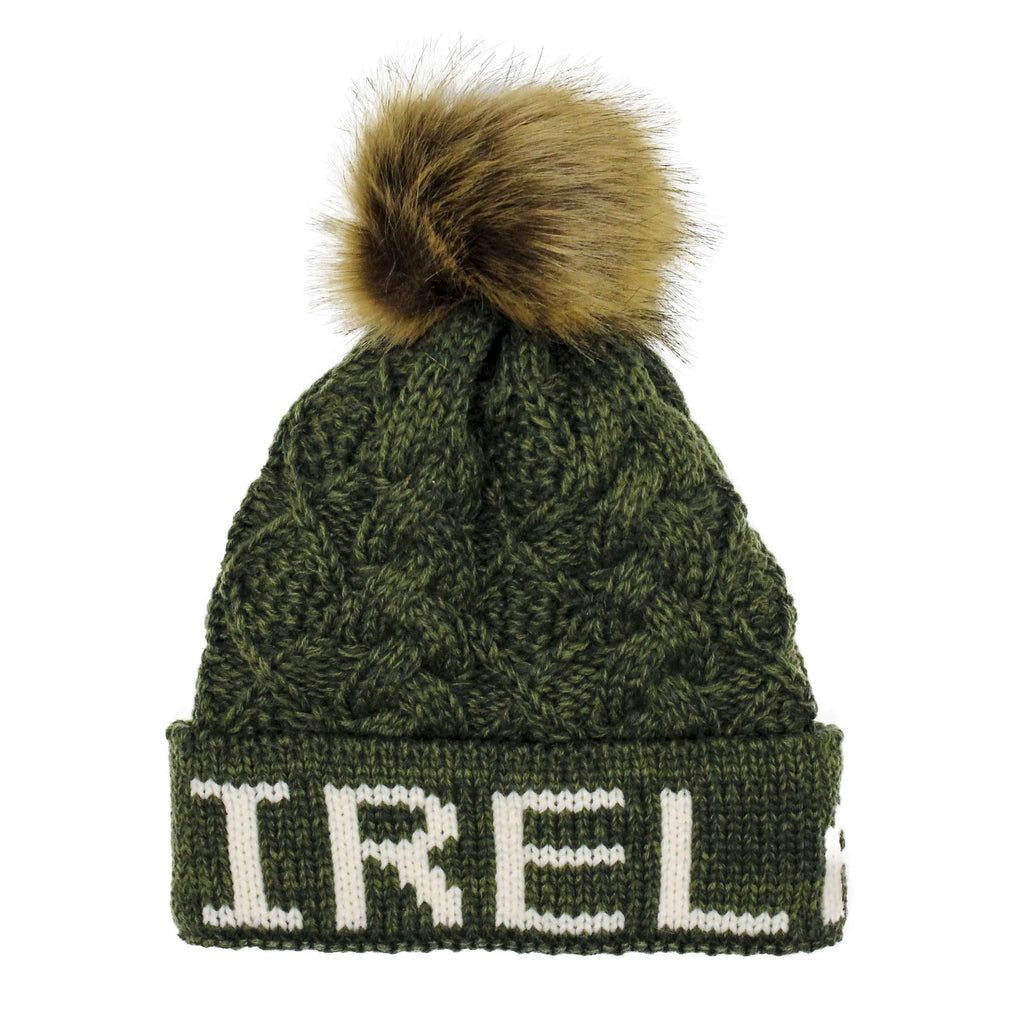 Aran Diamond Cable IRELAND Pom Pom Hat | Soft Microfleece Lining