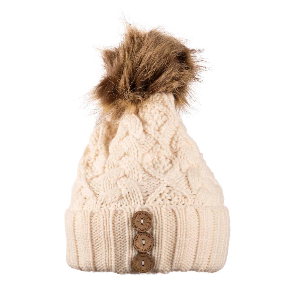 Fisherman Stitch Pom Pom Hat | Chunky Rib Knit with Faux Fur Pom Pom