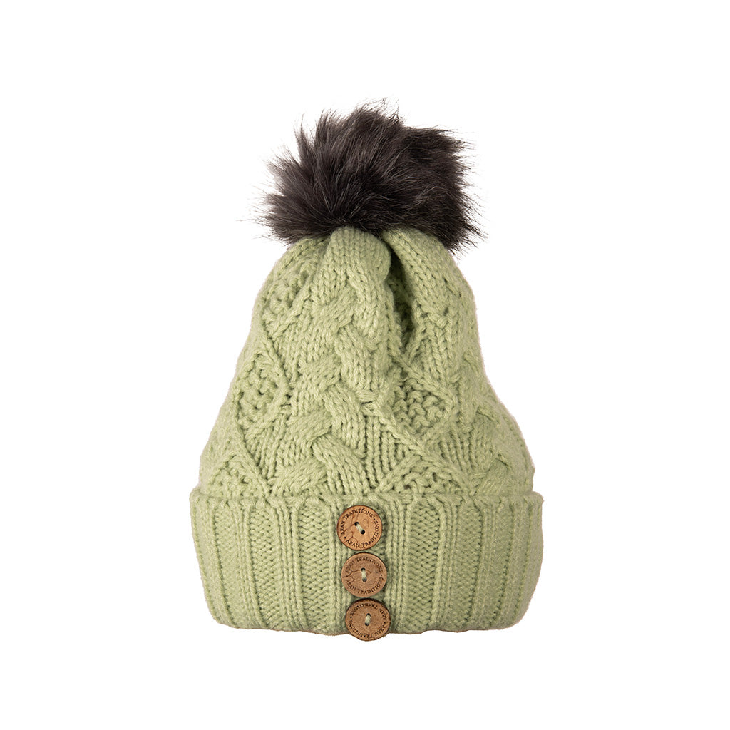 Fisherman Stitch Pom Pom Hat | Chunky Rib Knit with Faux Fur Pom Pom