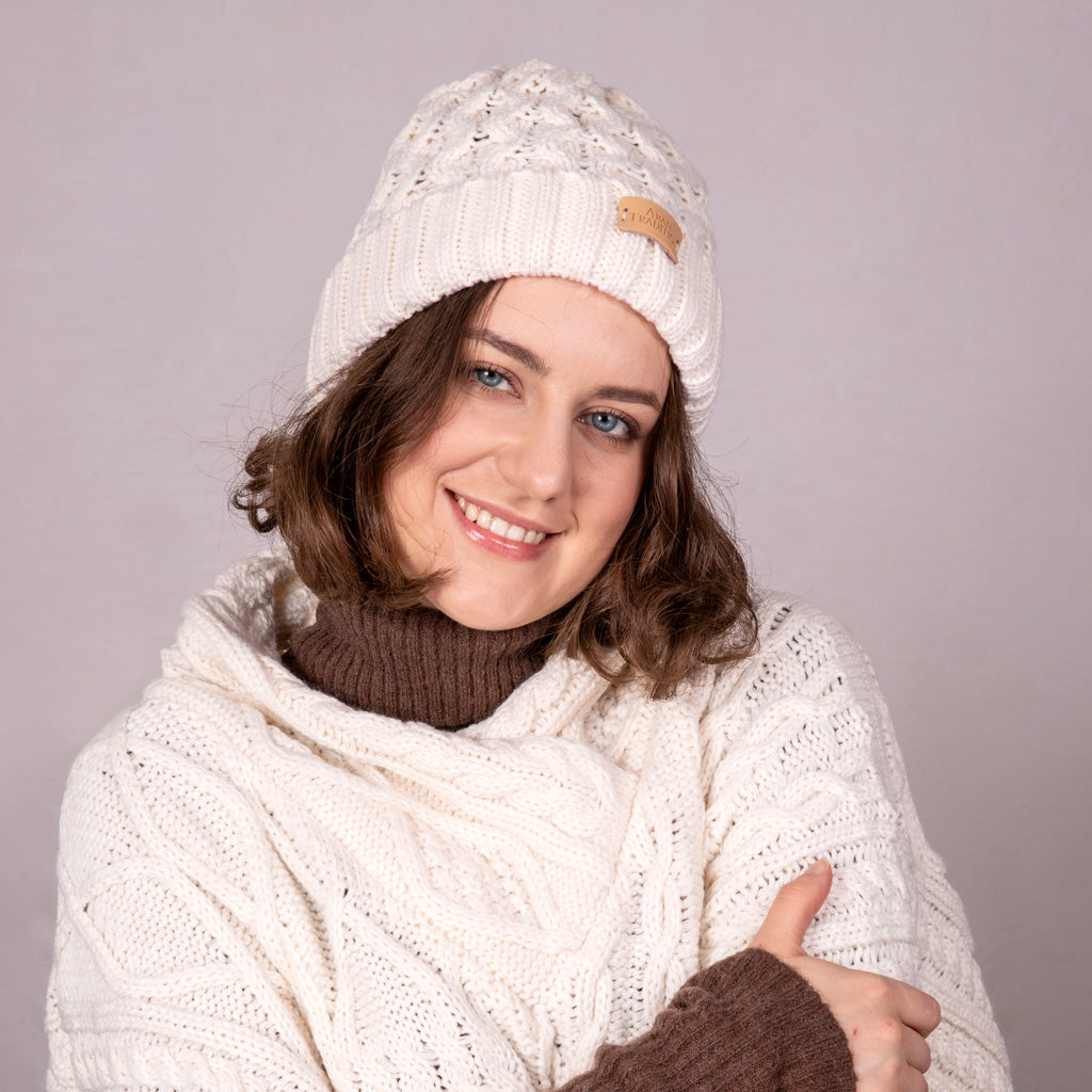 Aran Cable Knit Beanie Hat | Traditional Honeycomb Design