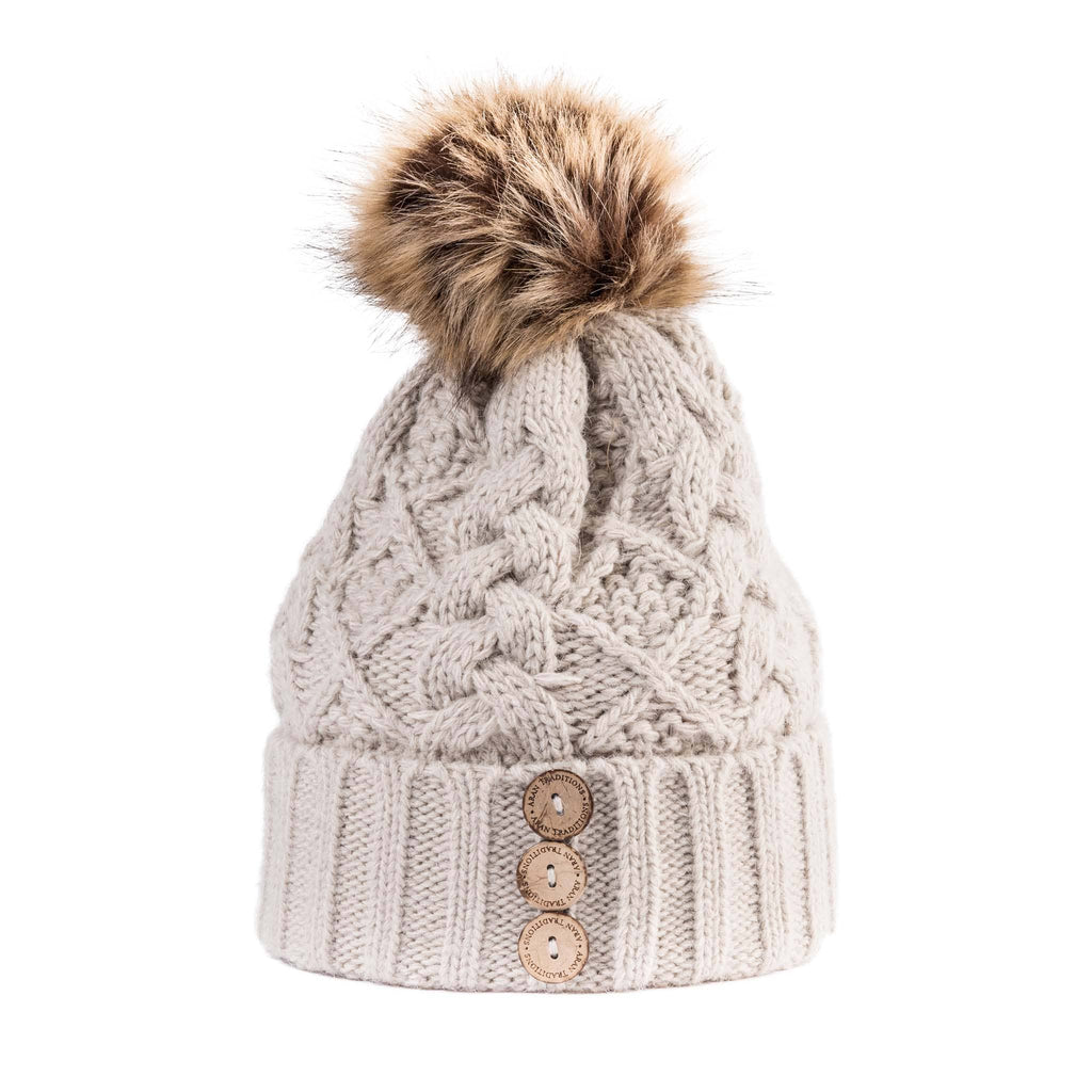 Fisherman Stitch Pom Pom Hat | Chunky Rib Knit with Faux Fur Pom Pom