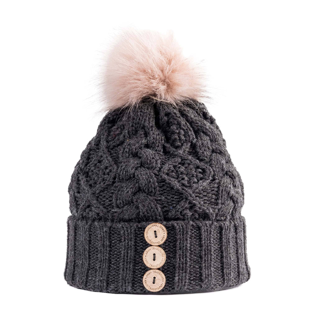 Fisherman Stitch Pom Pom Hat | Chunky Rib Knit with Faux Fur Pom Pom