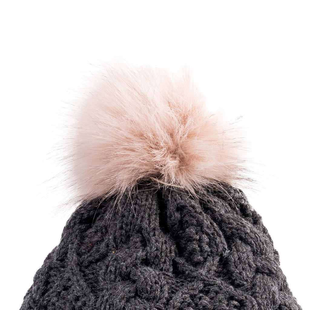 Fisherman Stitch Pom Pom Hat | Chunky Rib Knit with Faux Fur Pom Pom