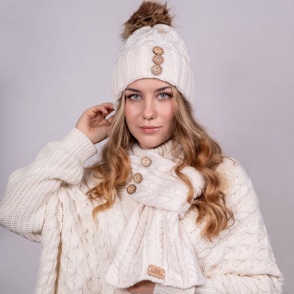 Woman wearing Cream Button Wrap Scarf
