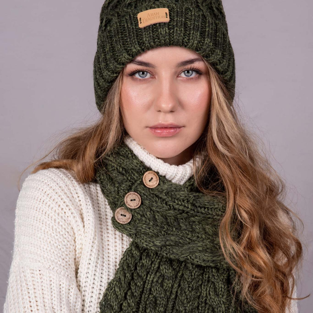 Woman wearing Dark Green Button Wrap Scarf